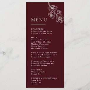 White Line Art Flowers Deep Burgundy Wedding Menu