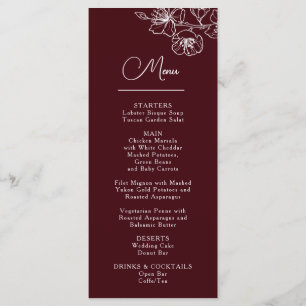 White Line Art Flowers Deep Burgundy Wedding Menu