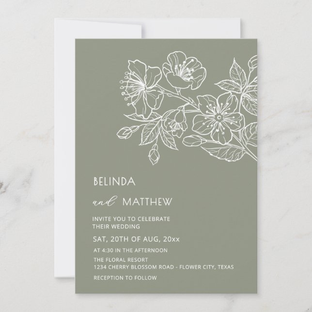 White Line Art Flowers Sage Green Invitation (Front)