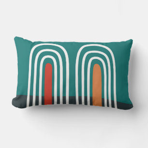 White line art rainbow in red blue background lumbar pillow