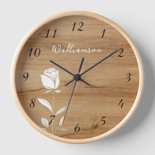 White Line Art Rose Wood Background Rustic Numbers Clock