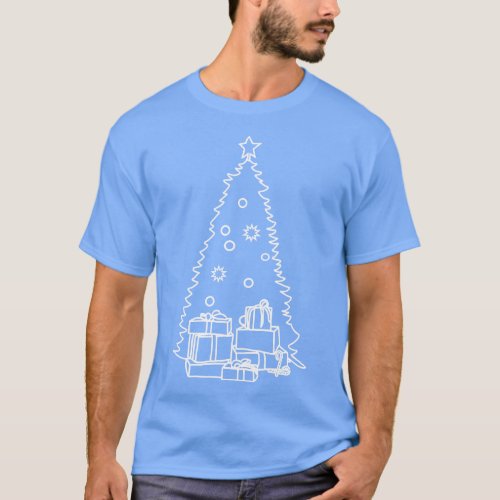 White Line Drawing Christmas Tree and Gift Boxes T_Shirt