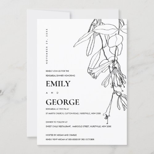 WHITE LINE DRAWING FLORAL REHEARSAL DINNER INVITE