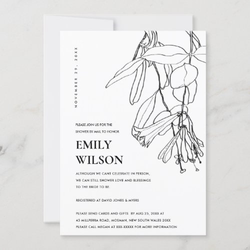 WHITE LINE DRAWING FLORAL SHOWER BY MAIL INVITE