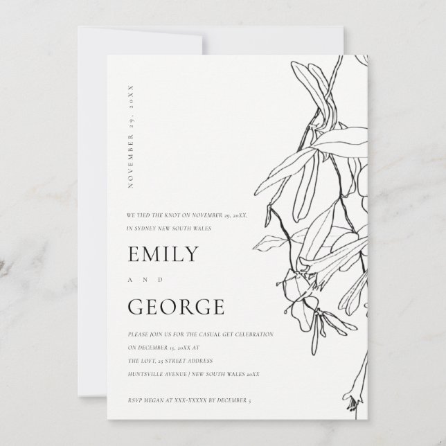 WHITE LINE DRAWING FLORAL WE TIED THE KNOT INVITE (Front)