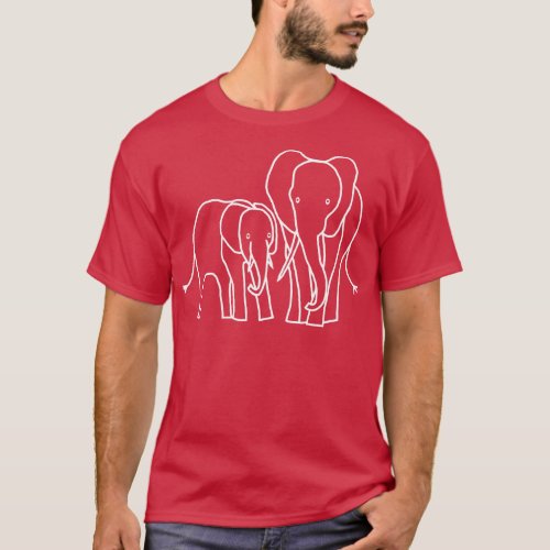 White Line Minimal Design Little Elephant and Big  T_Shirt