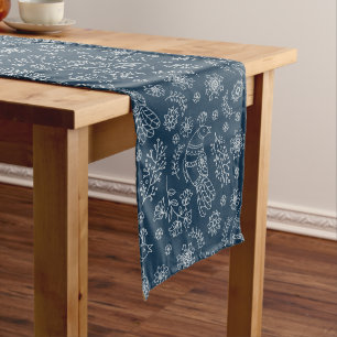 White Line Nordic Bird Pattern on Blue Medium Table Runner