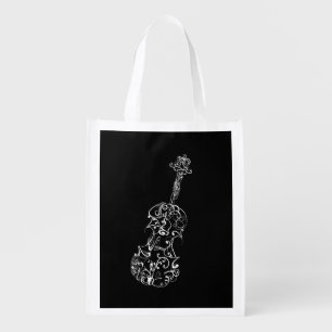 White Line Violin Drawing on Black Reusable Grocery Bag