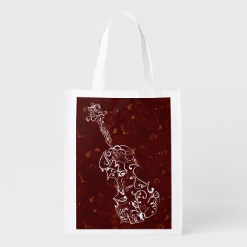 White Line Violin On Red Grocery Bag by missprinteditions at Zazzle