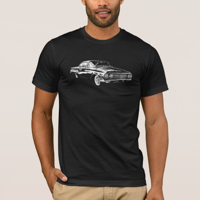 White lineart '60 Chevy Impala on colored t-shirt (Front)