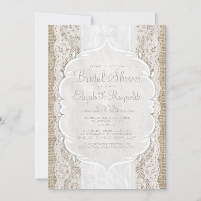 White Linen Burlap Lace Bridal Shower Invitations (Front)
