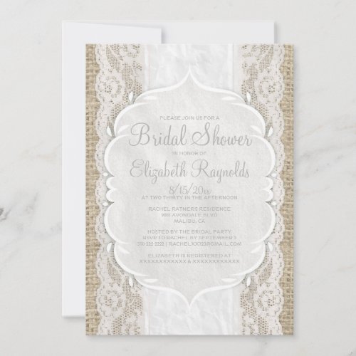 White Linen Burlap Lace Bridal Shower Invitations