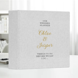 White Linen Cloth Gold Typography Wedding Planner 3 Ring Binder