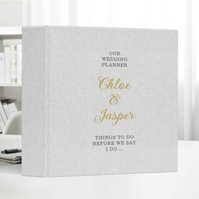White Linen Cloth Gold Typography Wedding Planner 3 Ring Binder (Creator Uploaded)