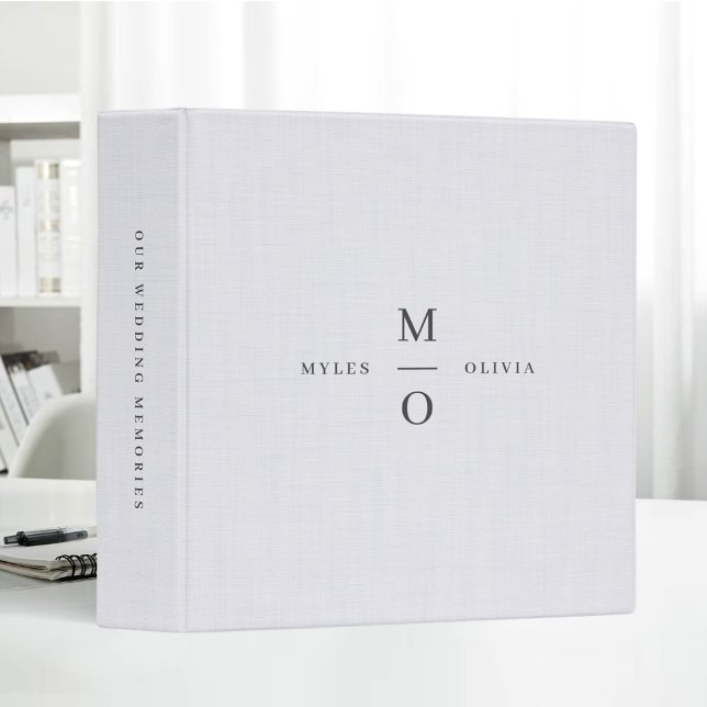 White Linen Cloth Minimal Wedding Album Initials 3 Ring Binder (Creator Uploaded)