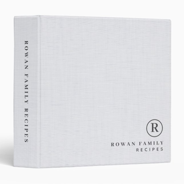 White Linen Professional Monogram Initial Recipes 3 Ring Binder (Front/Spine)