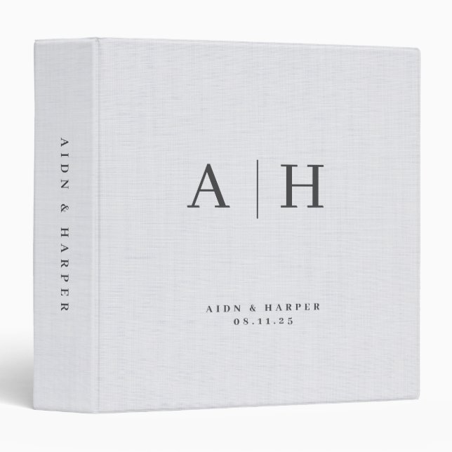 White Linen Texture Wedding Note Custom Monogram 3 Ring Binder (Front/Spine)