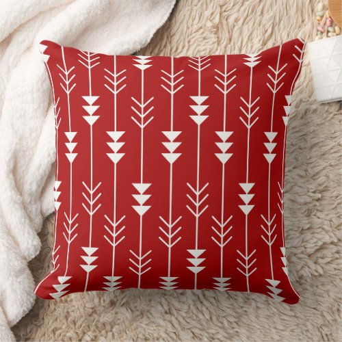White Lines and Arrows Pattern on Red Background Throw Pillow