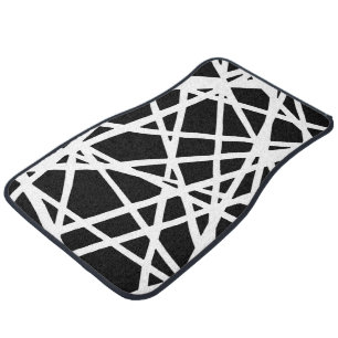 White Lines And Irregular Black Shapes Abstract Car Floor Mat