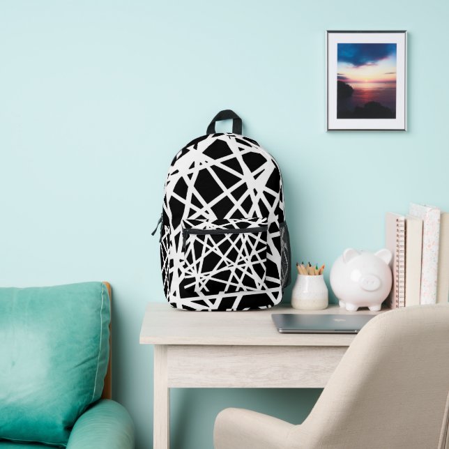 White Lines And Irregular Black Shapes Abstract Printed Backpack (Insitu)