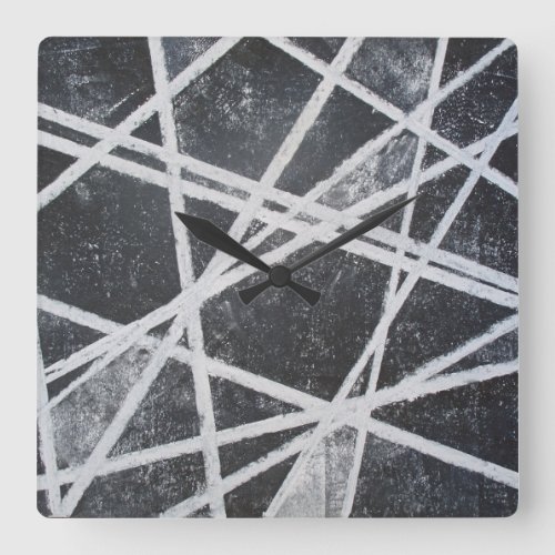 White Lines crossing black spaces abstract Square Wall Clock