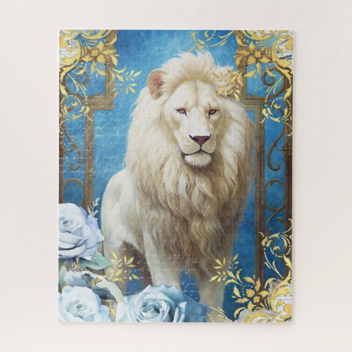 White Lion and Blue Roses Jigsaw Puzzle