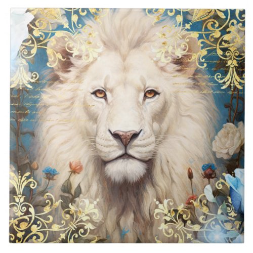 White Lion and Gold Damask Ceramic Tile