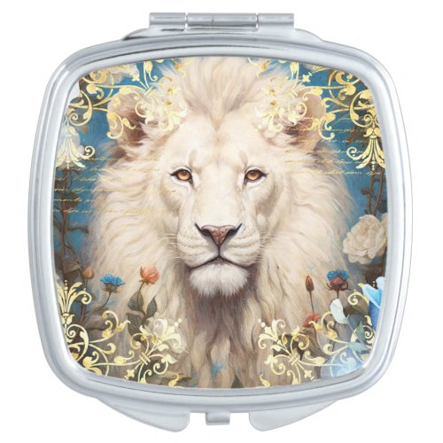 White Lion and Gold Damask Compact Mirror