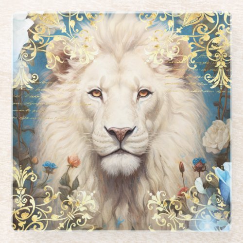 White Lion and Gold Damask Glass Coaster