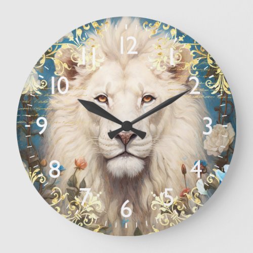 White Lion and Gold Damask Large Clock