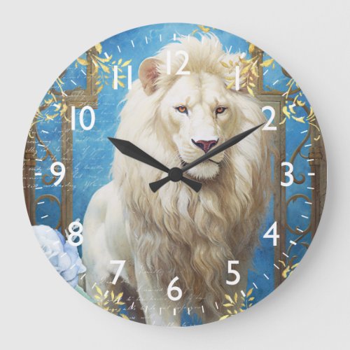 White Lion and Gold Damask Large Clock