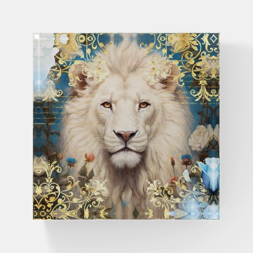 White Lion and Gold Damask Paperweight