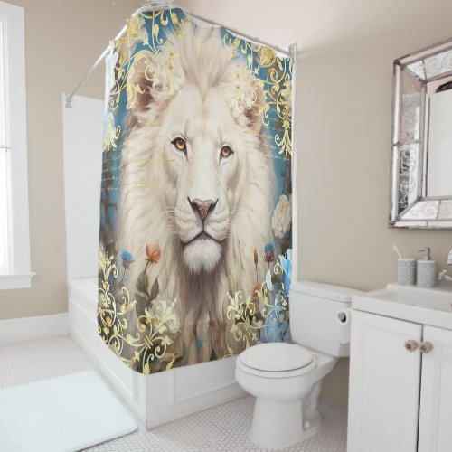 White Lion and Gold Damask Shower Curtain