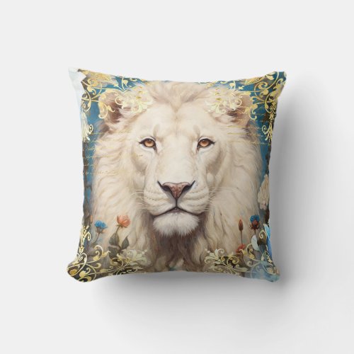 White Lion and Gold Damask Throw Pillow