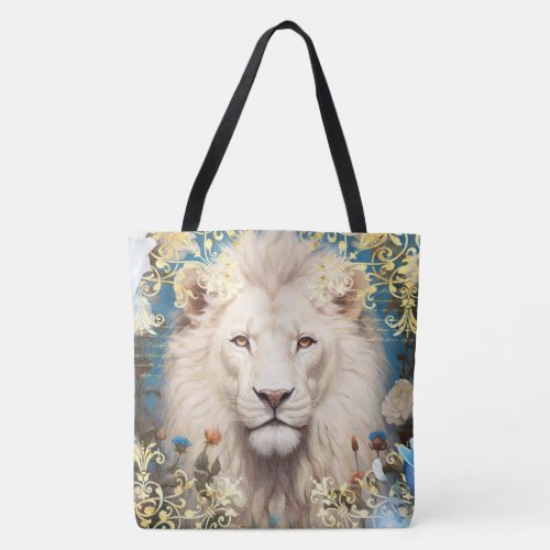 White Lion and Gold Damask Tote Bag