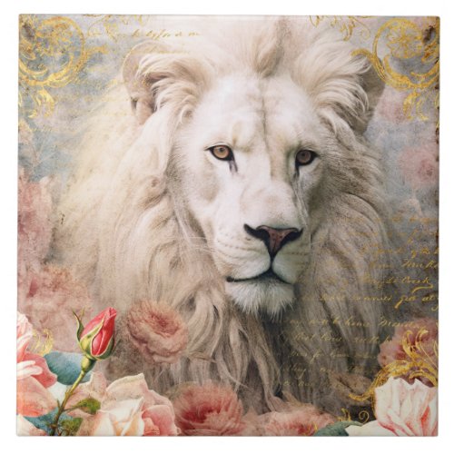 White Lion and Pink Roses Ceramic Tile