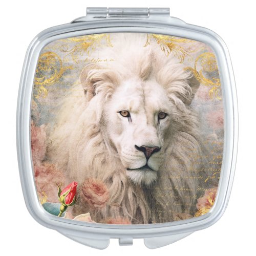 White Lion and Pink Roses Compact Mirror