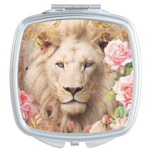 White Lion and Pink Roses Compact Mirror