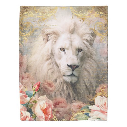 White Lion and Pink Roses Duvet Cover