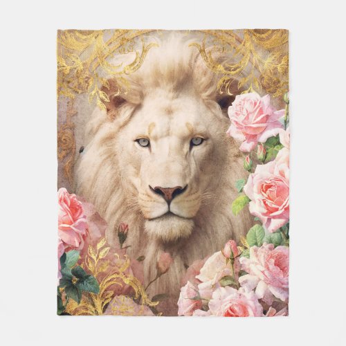 White Lion and Pink Roses Fleece Blanket