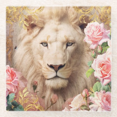 White Lion and Pink Roses Glass Coaster