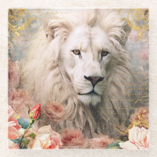 White Lion and Pink Roses Glass Coaster