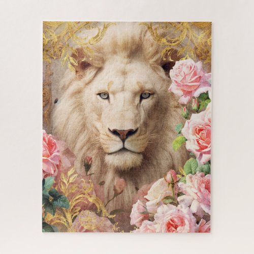 White Lion and Pink Roses Jigsaw Puzzle