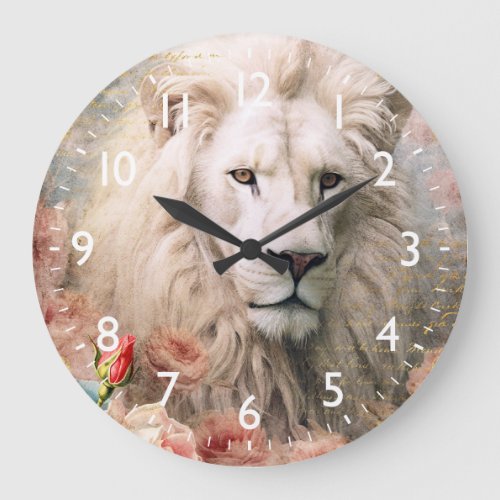 White Lion and Pink Roses Large Clock