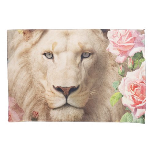 White Lion and Pink Roses Pillow Case