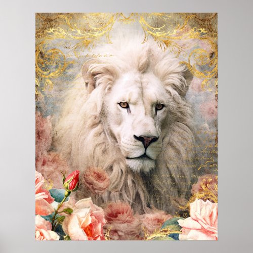 White Lion and Pink Roses Poster