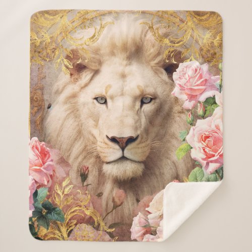 White Lion and Pink Roses Sherpa Blanket