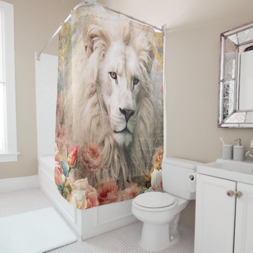 White Lion and Pink Roses Shower Curtain