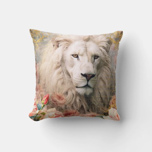 White Lion and Pink Roses Throw Pillow
