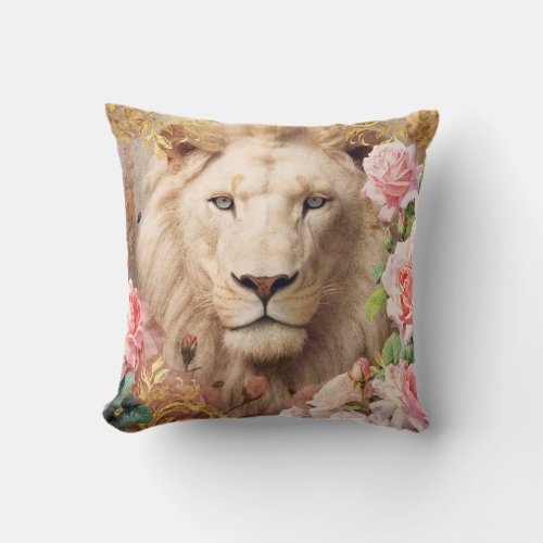 White Lion and Pink Roses Throw Pillow